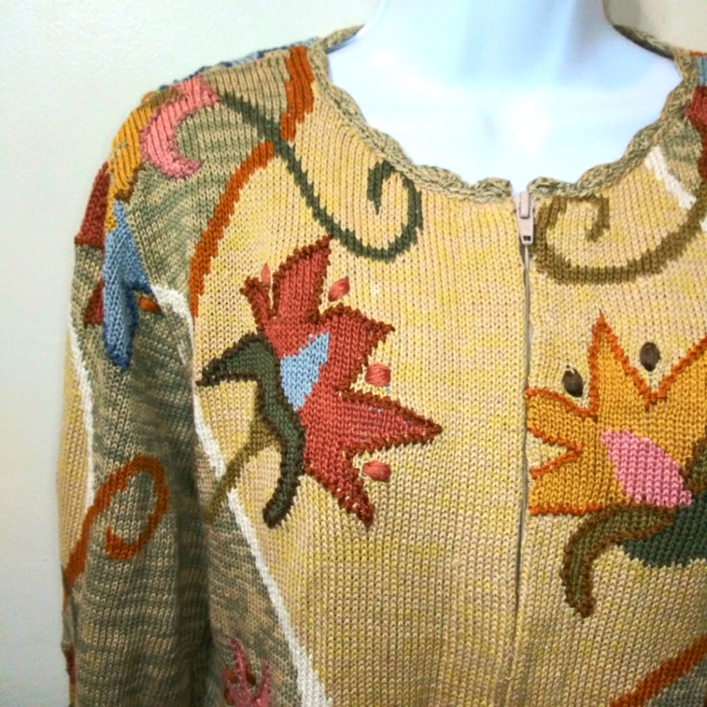 Caamano Handknit Earth Toned Floral Zip Front Cardigan Sweater Made In Peru - Picture 2 of 14
